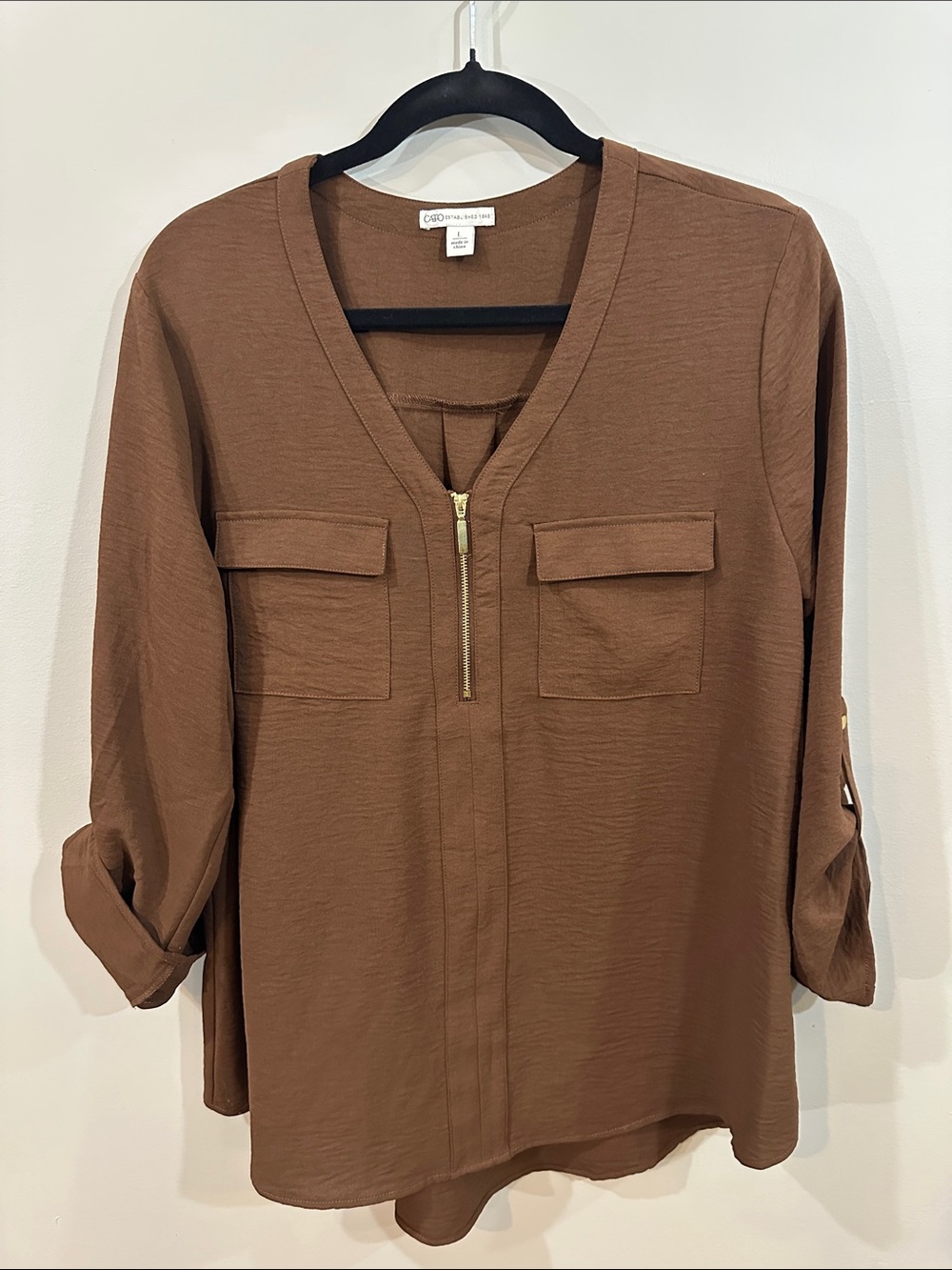 Chocolate Brown Cato Brown V-Neck Zip Front Button-Tab Sleeve Blouse
